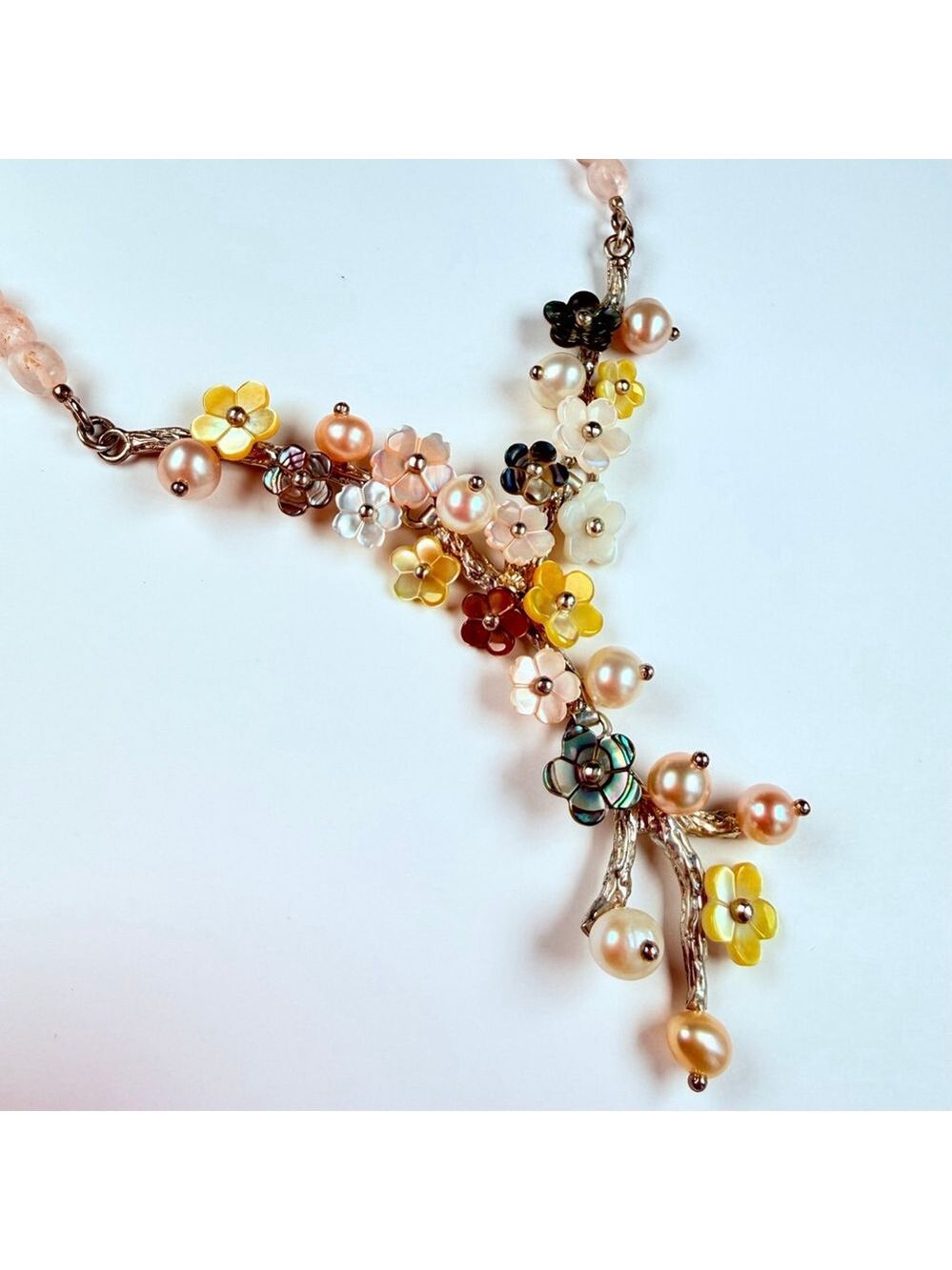 Whitney Kelly Rose Quartz MOP Pearl Mosaic Flower Sterling Silver 925 Necklace - Picture 6 of 12